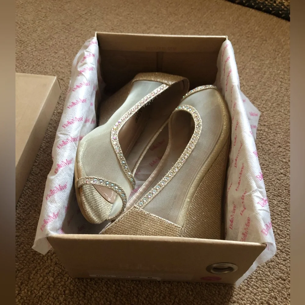 Bella Marie Cream and Gold Rhinestone Peep-Toe Wedges